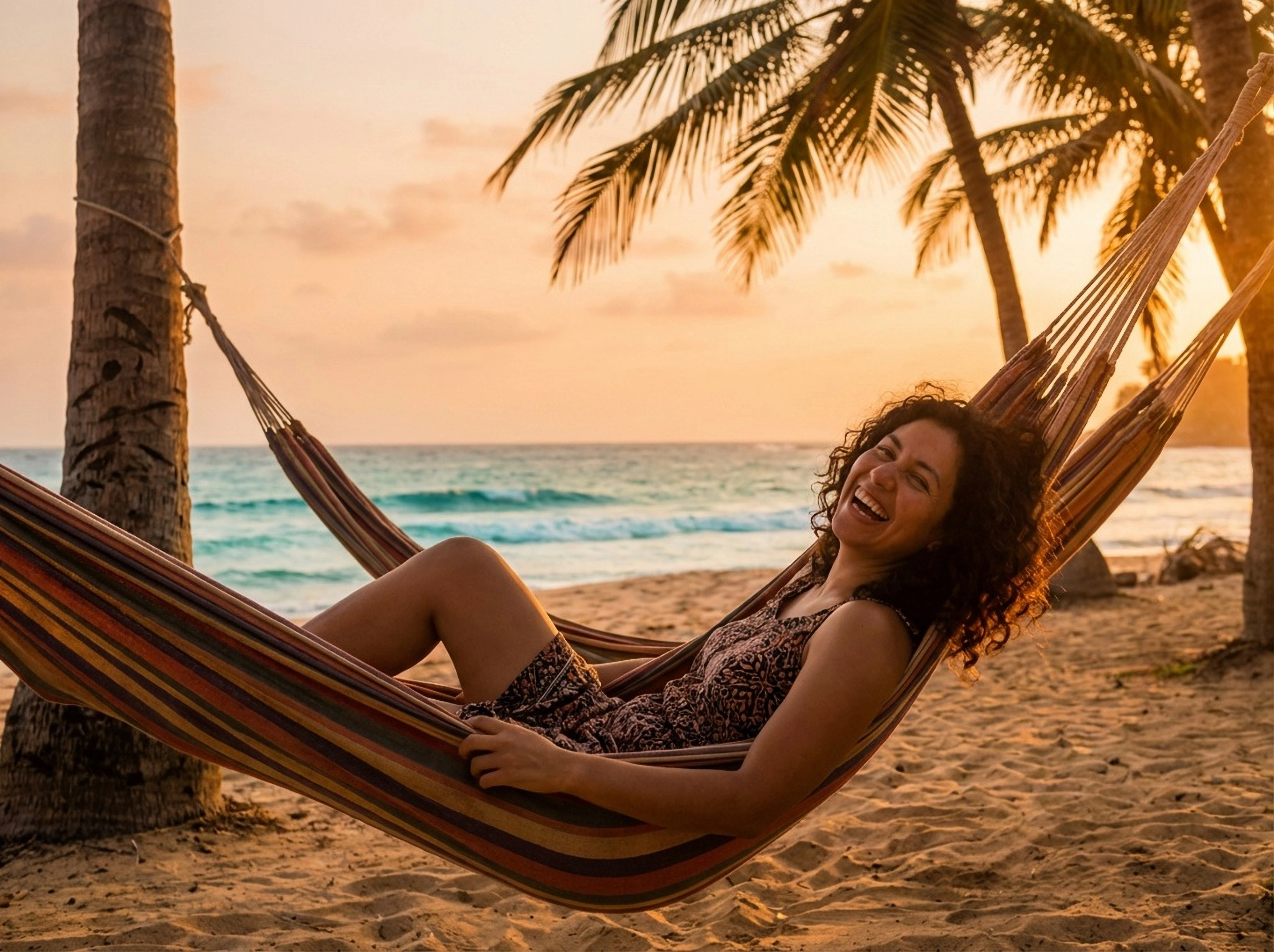 Mulher deitada em uma rede na praia ao pôr do sol