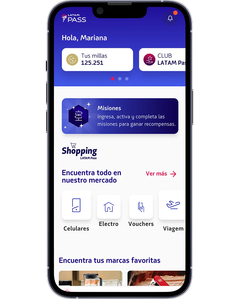 Pantalla de inicio de la App LATAM Pass con acceso a las misiones